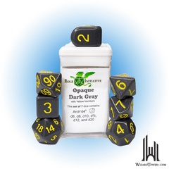 SET OF 7 DICE: OPAQUE DARK GREY/YELLOW